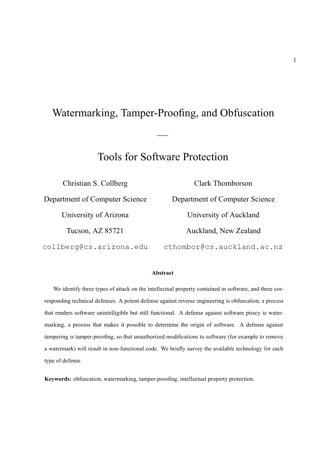 Watermarking, Tamper-Proofing, and Obfuscation