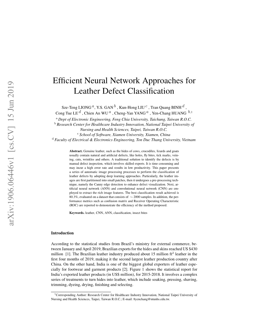 Arxiv:1906.06446V1 [Cs.CV] 15 Jun 2019 Efficient Neural Network Approaches for Leather Defect Classification