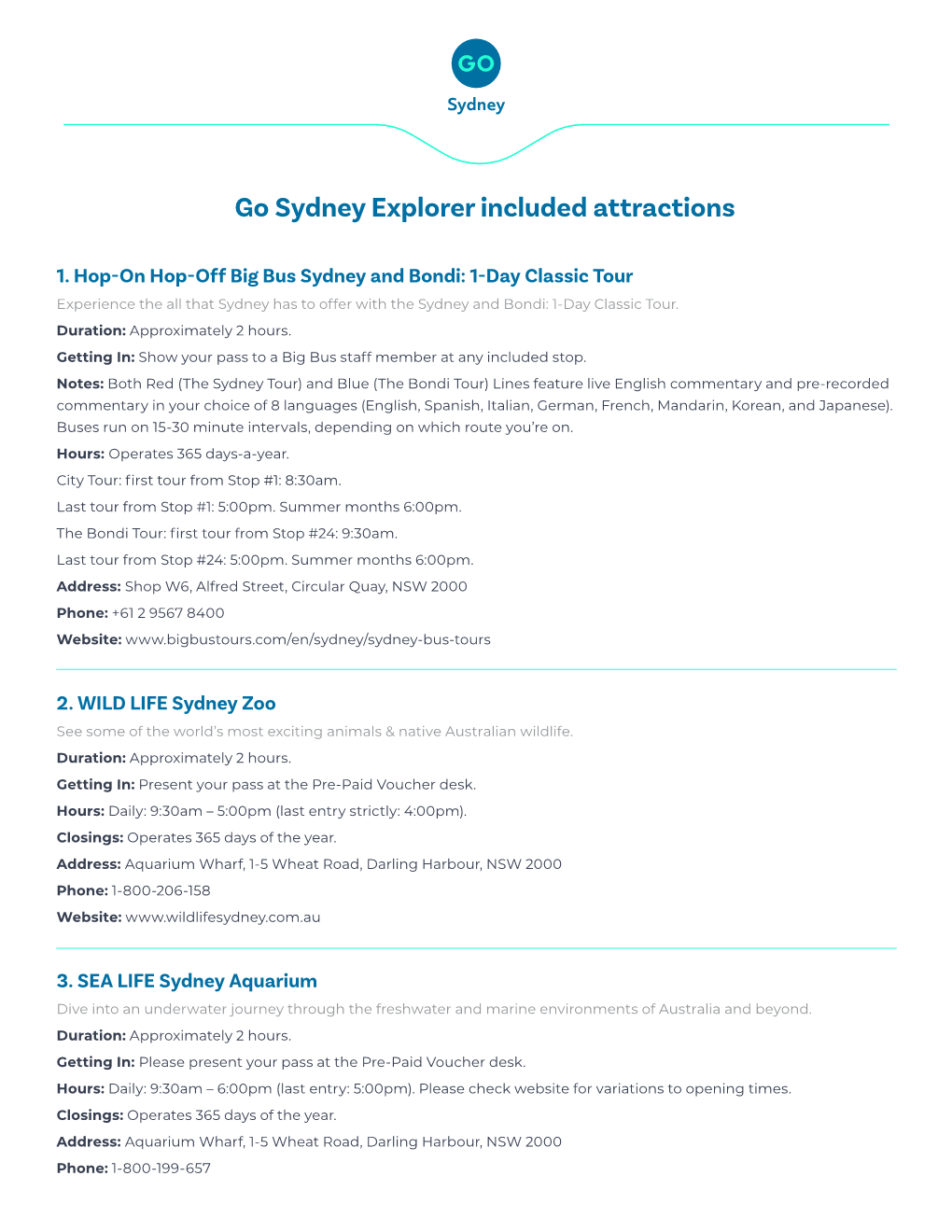 Go Sydney Explorer Included Attractions