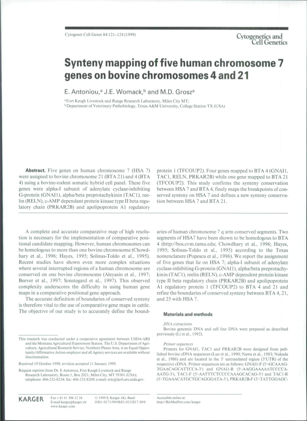 Synteny Mapping of Five Human Chromosome 7 Genes on Bovine Chromosomes 4 and 21