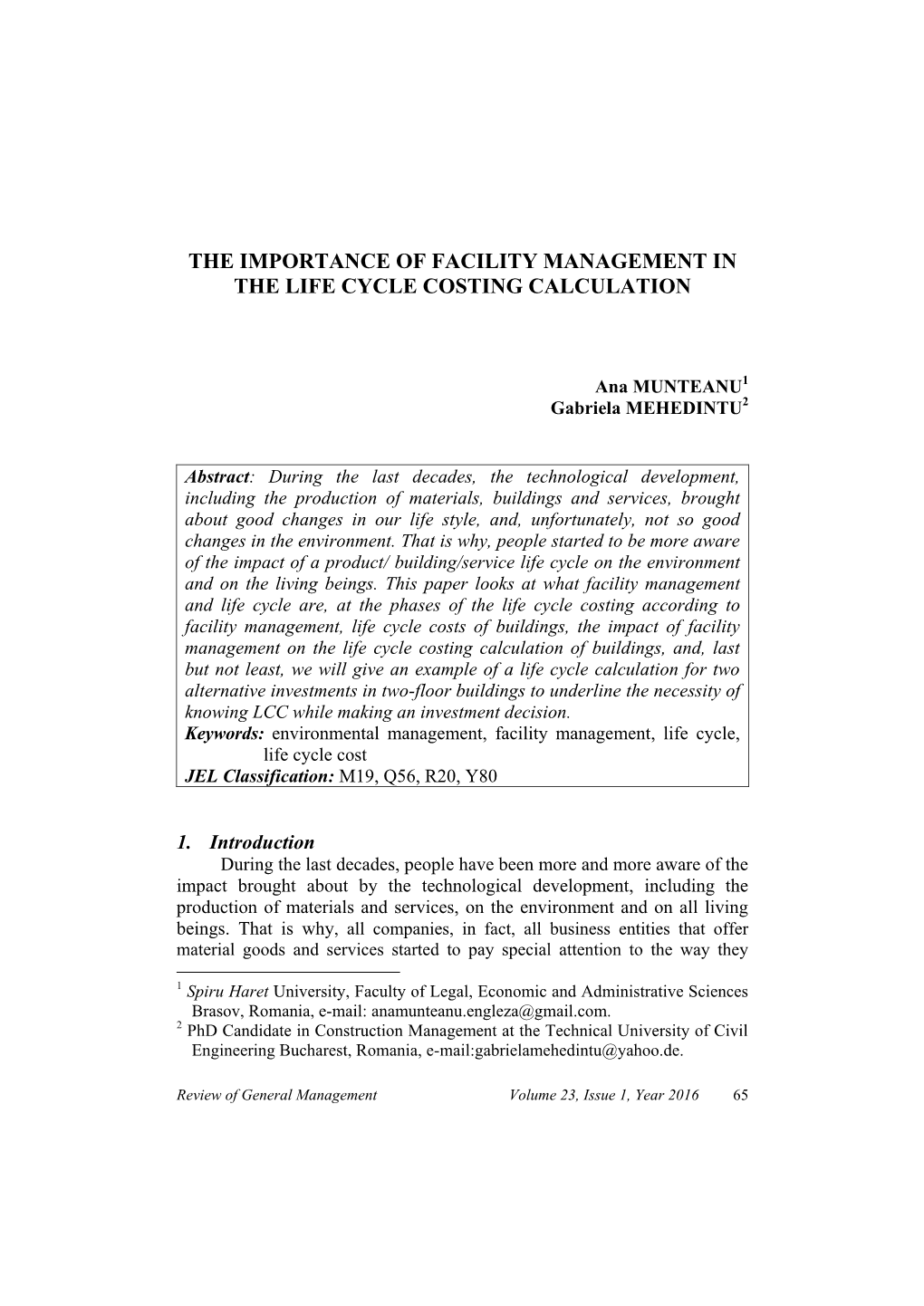 The Importance of Facility Management in the Life Cycle Costing Calculation