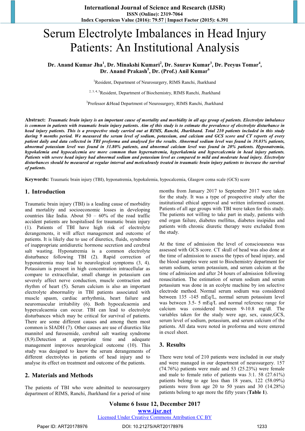 Serum Electrolyte Imbalances in Head Injury Patients: an Institutional Analysis