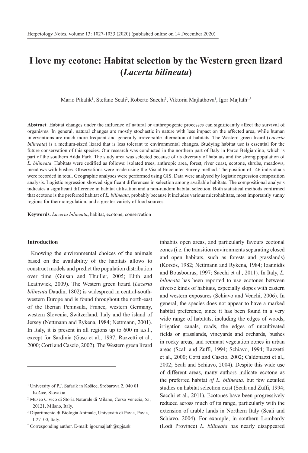 I Love My Ecotone: Habitat Selection by the Western Green Lizard (Lacerta Bilineata)