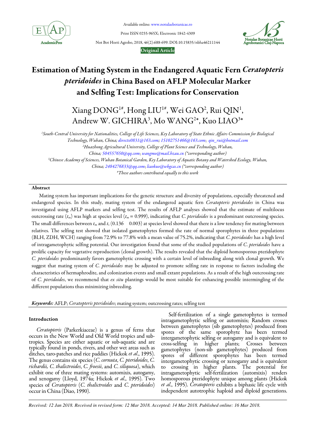 Estimation of Mating System in the Endangered Aquatic Fern