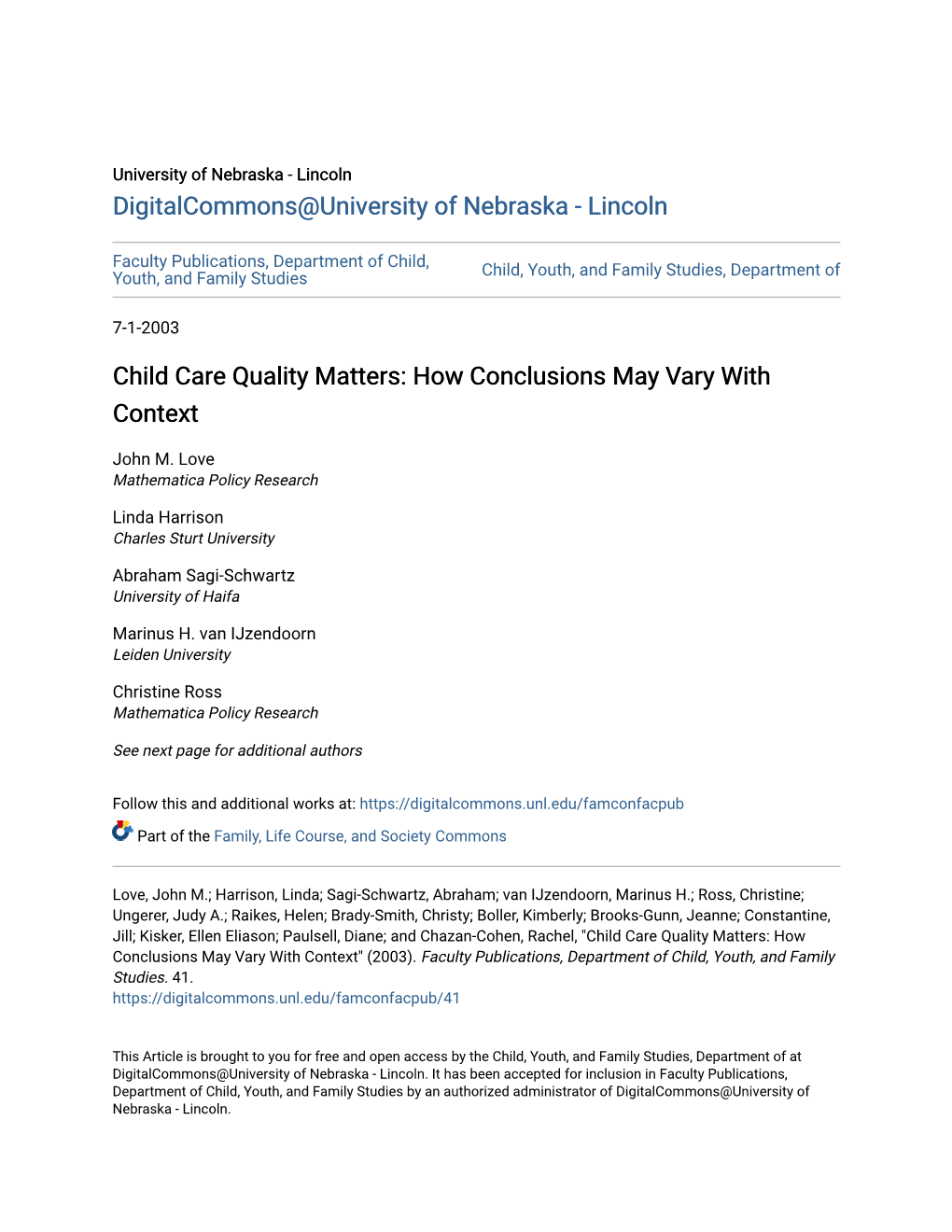 Child Care Quality Matters: How Conclusions May Vary with Context