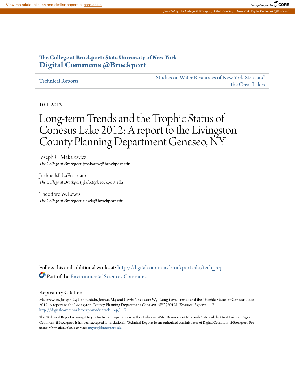 Long-Term Trends and the Trophic Status of Conesus Lake 2012: a Report to the Livingston County Planning Department Geneseo, NY Joseph C