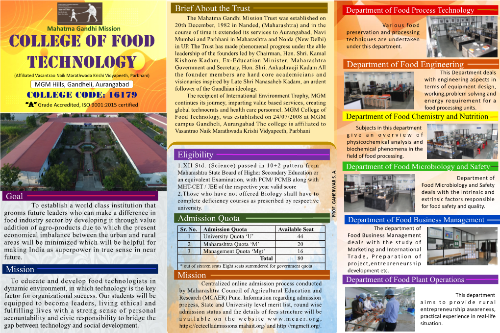 COLLEGE of FOOD TECHNOLOGY MGM Hill’S, Gandheli, Aurangabad