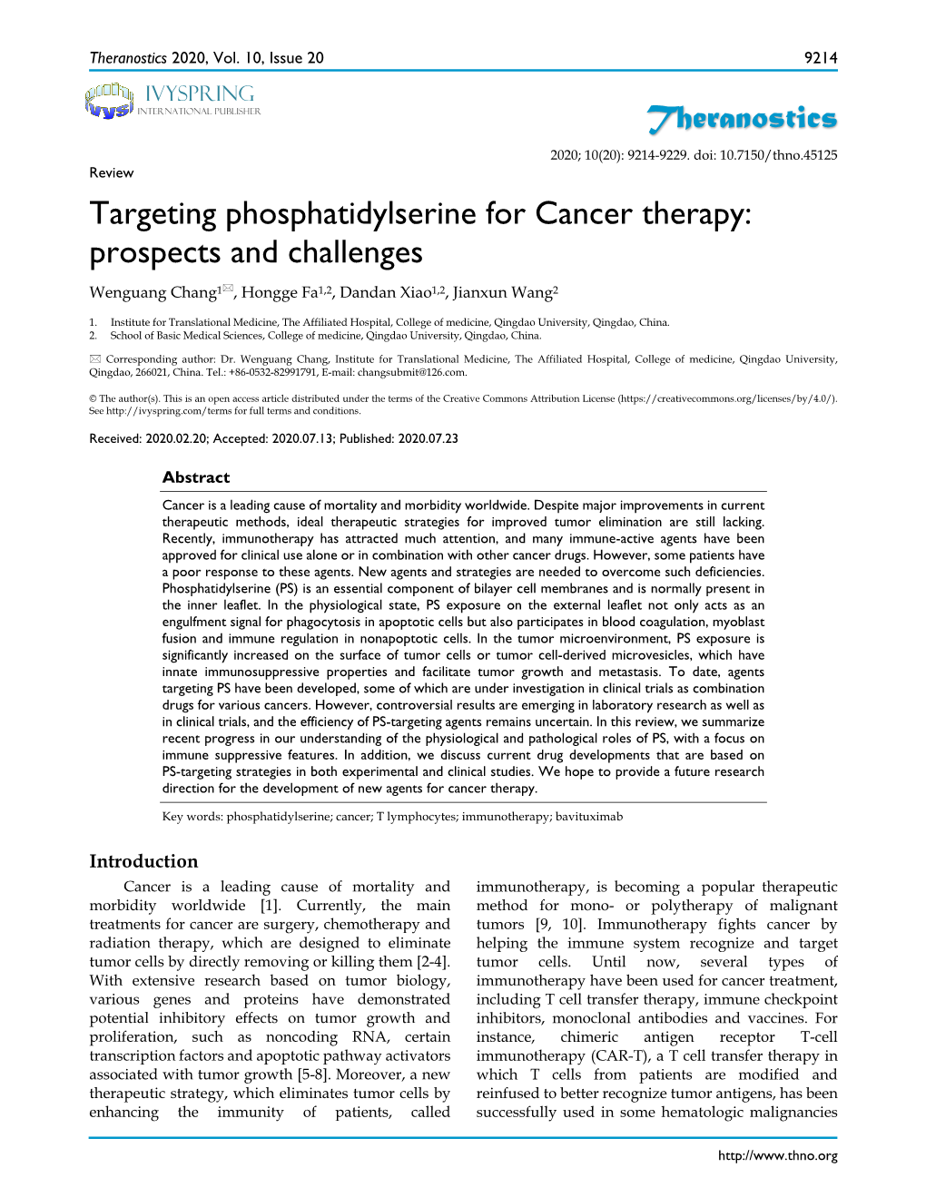 Theranostics Targeting Phosphatidylserine for Cancer