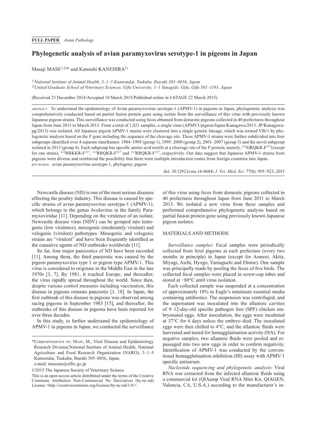 Phylogenetic Analysis of Avian Paramyxovirus Serotype-1 in Pigeons in Japan