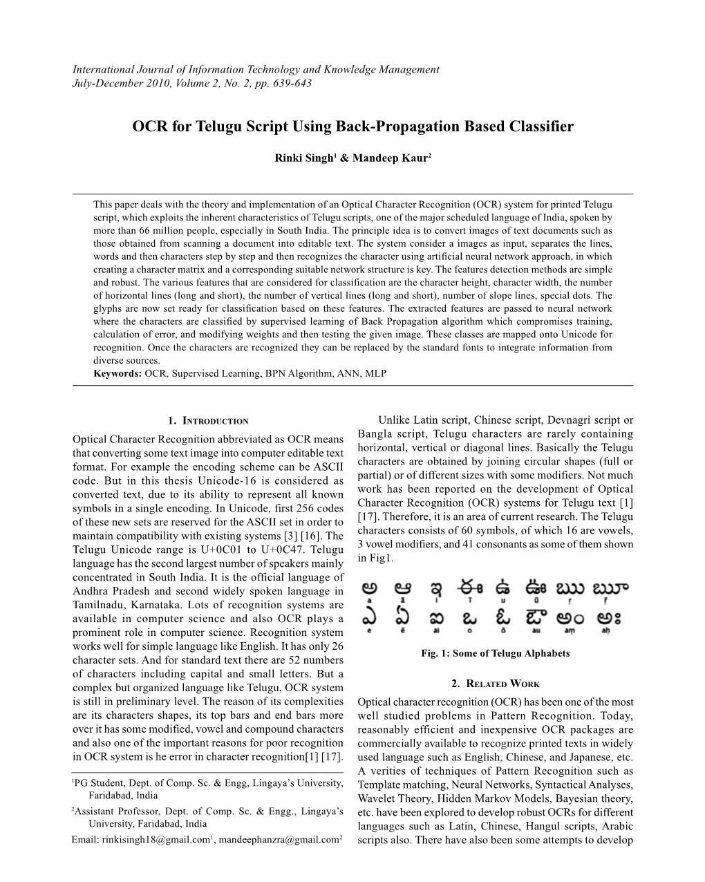 OCR for Telugu Script Using Back-Propagation Based Classifier