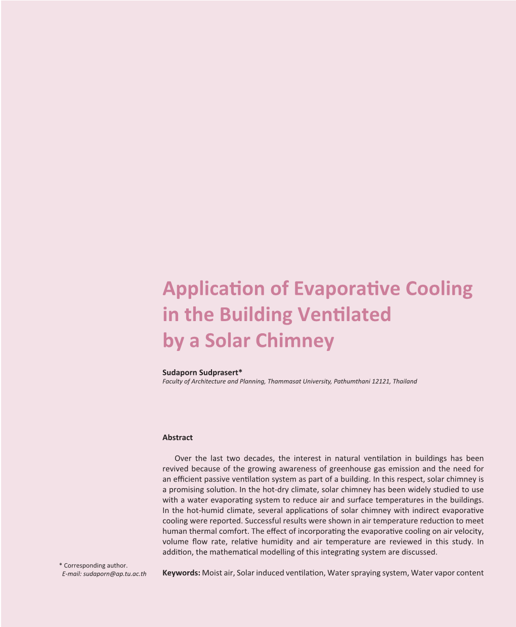 Application of Evaporative Cooling in the Building Ventilated by a Solar Chimney