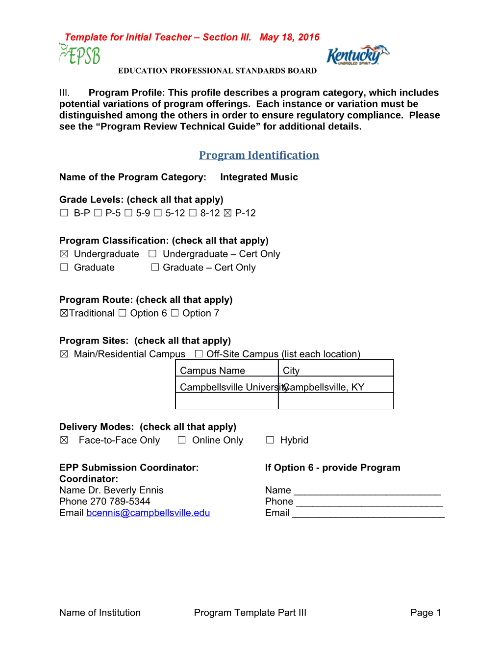 Template for Initial Teacher Section III. May 18, 2016