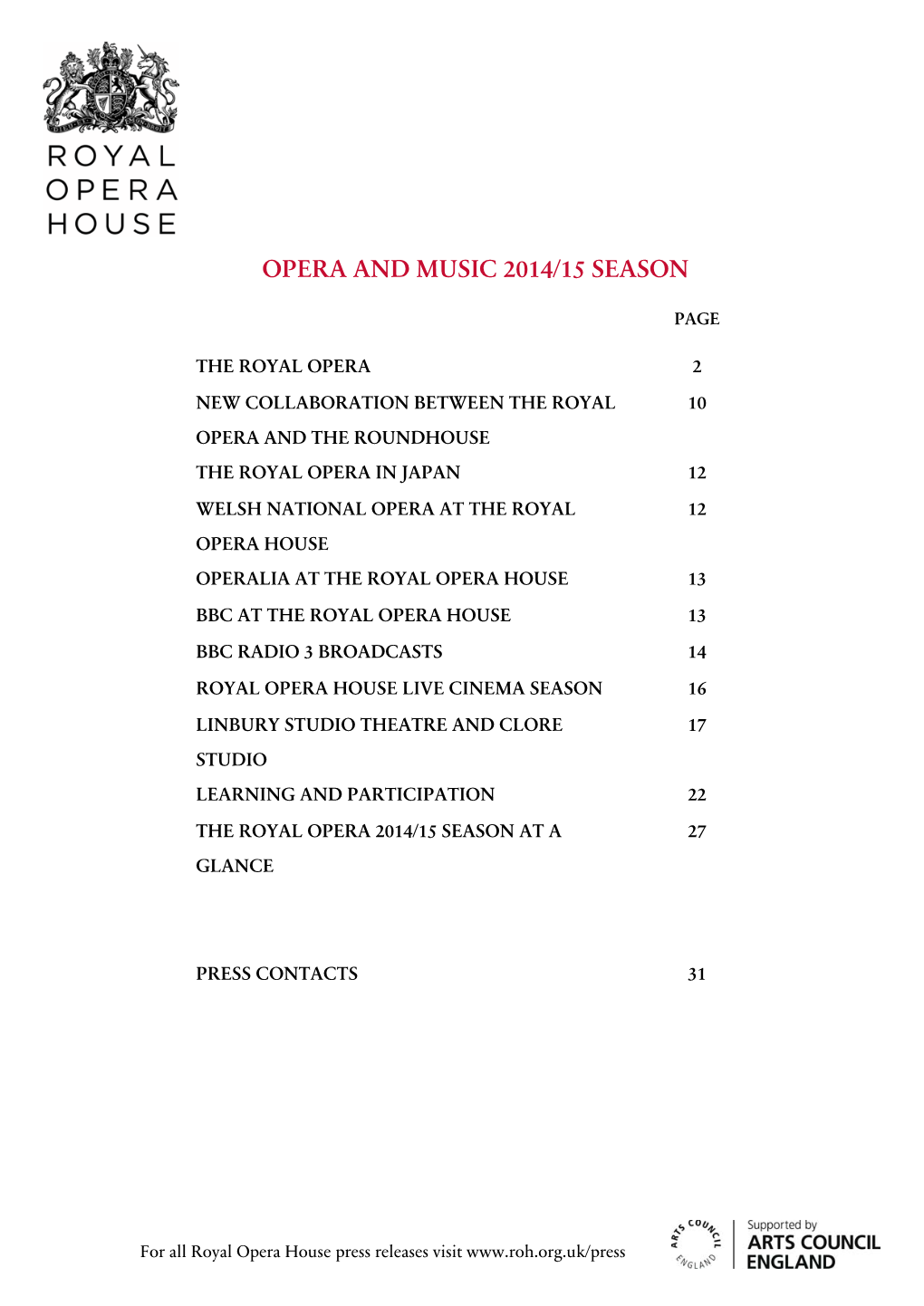 Opera and Music 2014/15 Season