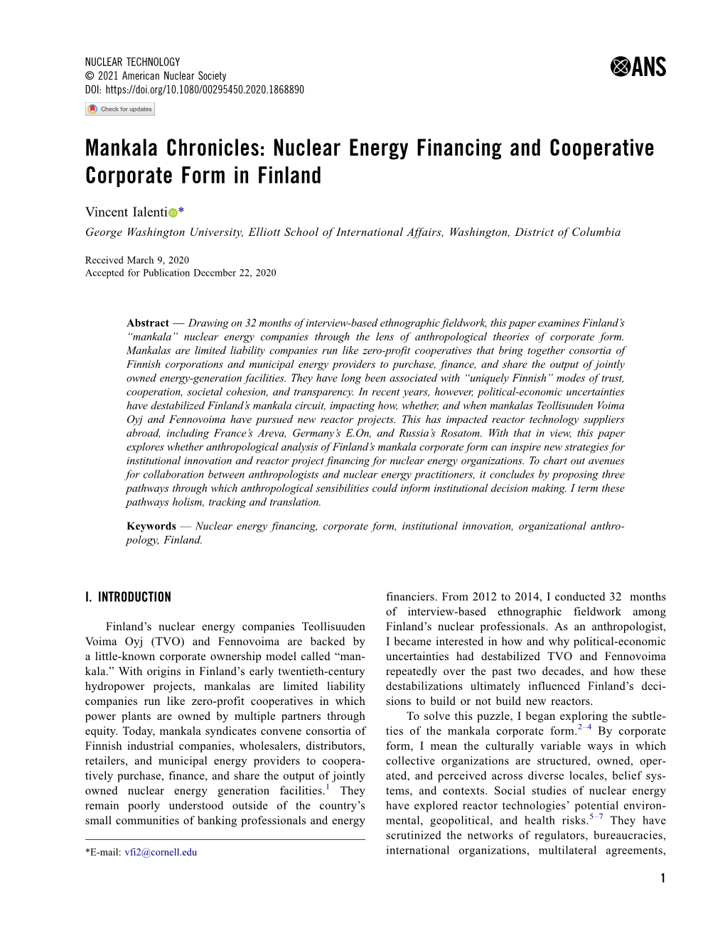 Mankala Chronicles: Nuclear Energy Financing and Cooperative Corporate Form in Finland