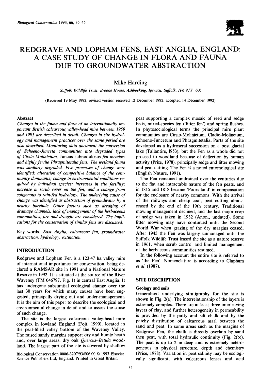 Redgrave and Lopham Fens, East Anglia, England: a Case Study of Change in Flora and Fauna Due to Groundwater Abstraction