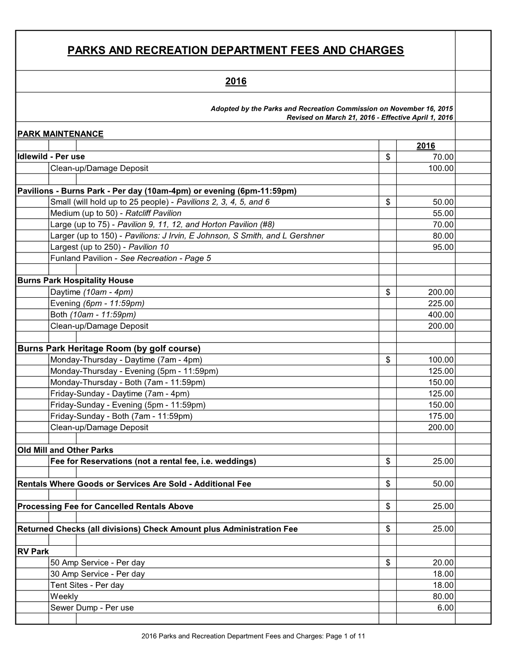 Parks and Recreation Department Fees and Charges