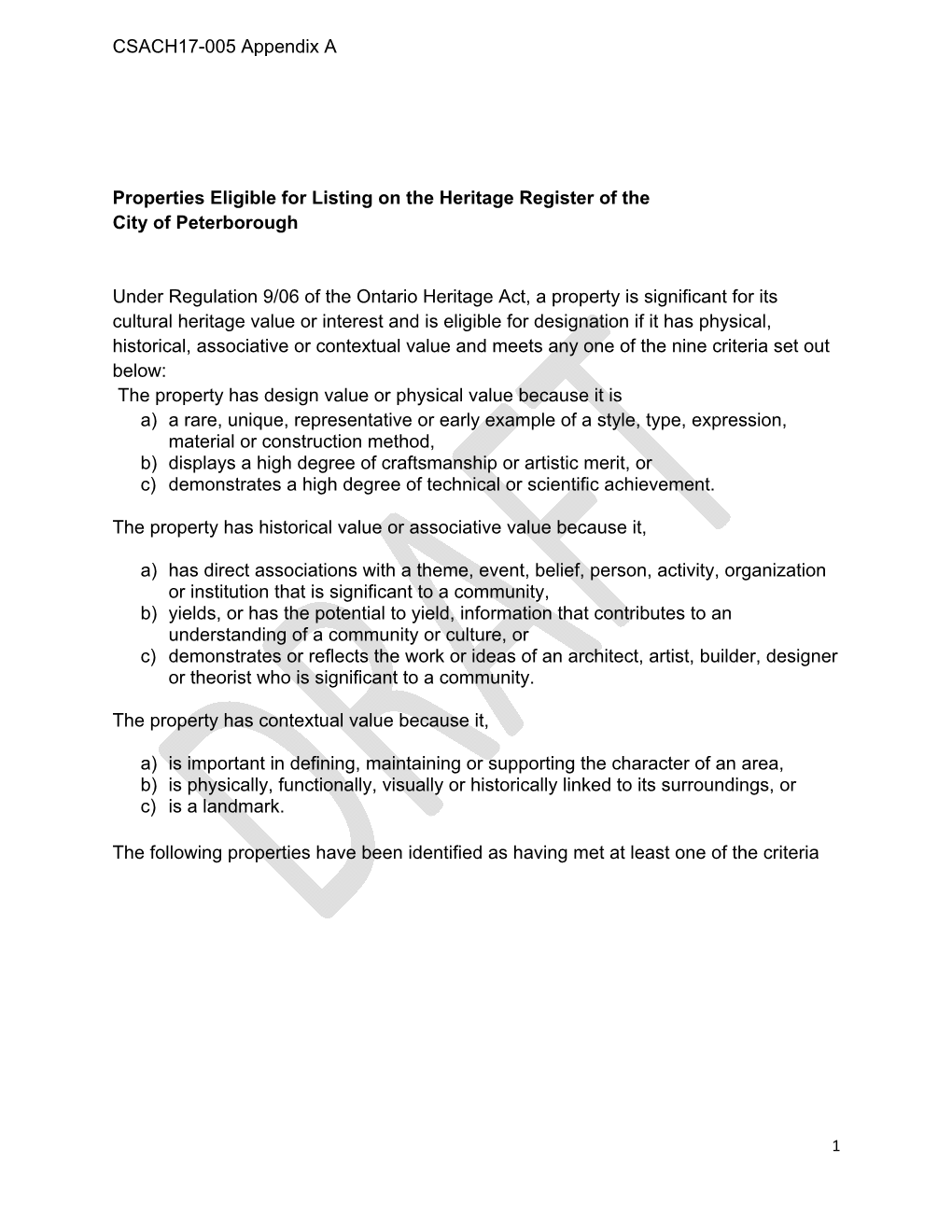 Properties Eligible for Listing on the Heritage Register of the City of Peterborough