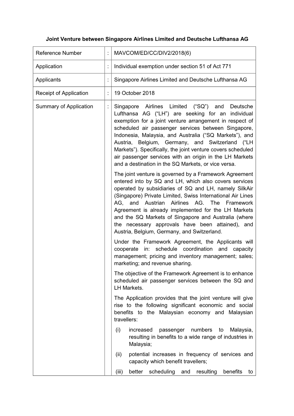 Joint Venture Between Singapore Airlines Limited and Deutsche Lufthansa AG Reference Number : MAVCOM/ED/CC/DIV2/2018(6) Applica