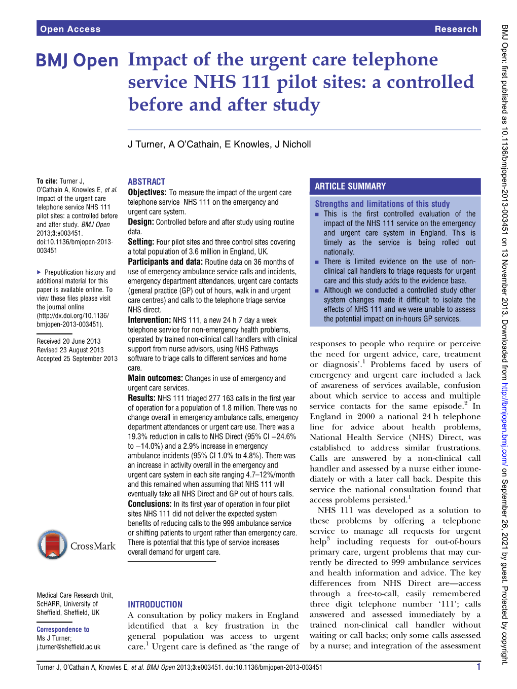 Impact of the Urgent Care Telephone Service NHS 111 Pilot Sites: a Controlled Before and After Study