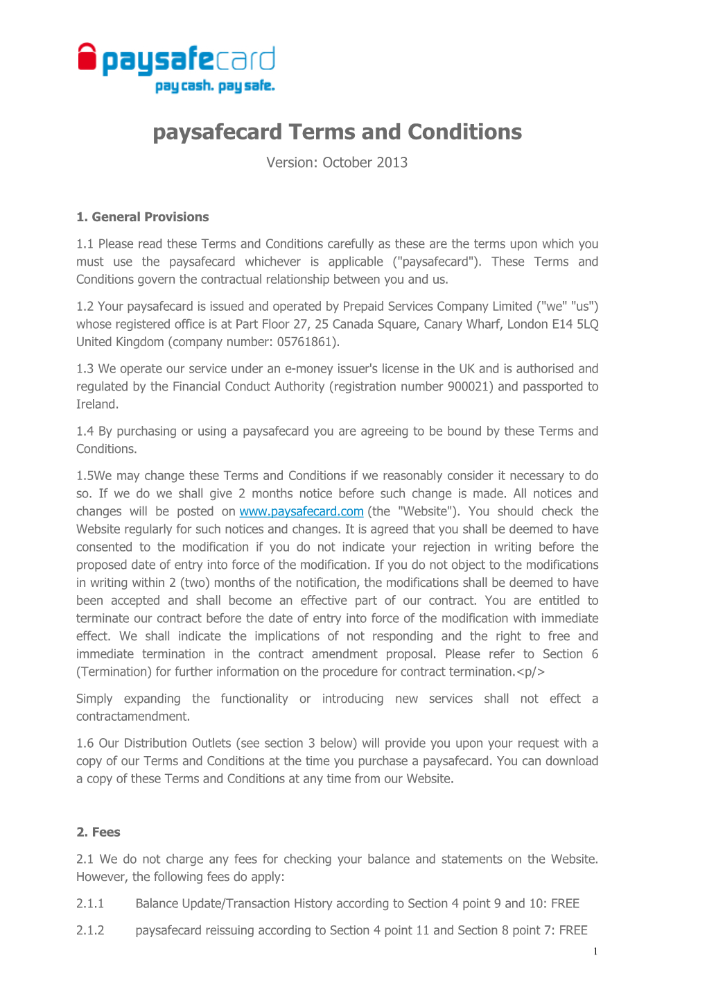 Paysafecard Terms and Conditions Version: October 2013