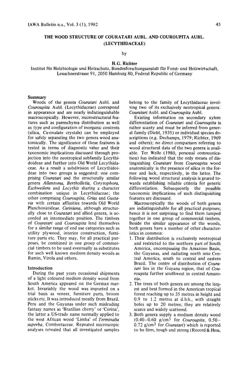 IAWA Bulletin N.S., Vol. 3 (1), 1982 45 the WOOD STRUCTURE OF