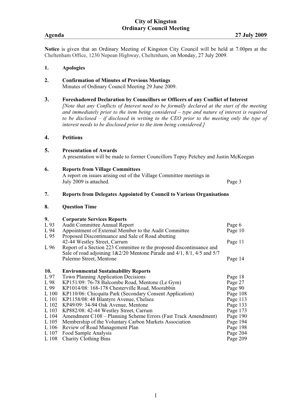 City of Kingston Ordinary Council Meeting Agenda 27 July 2009 1