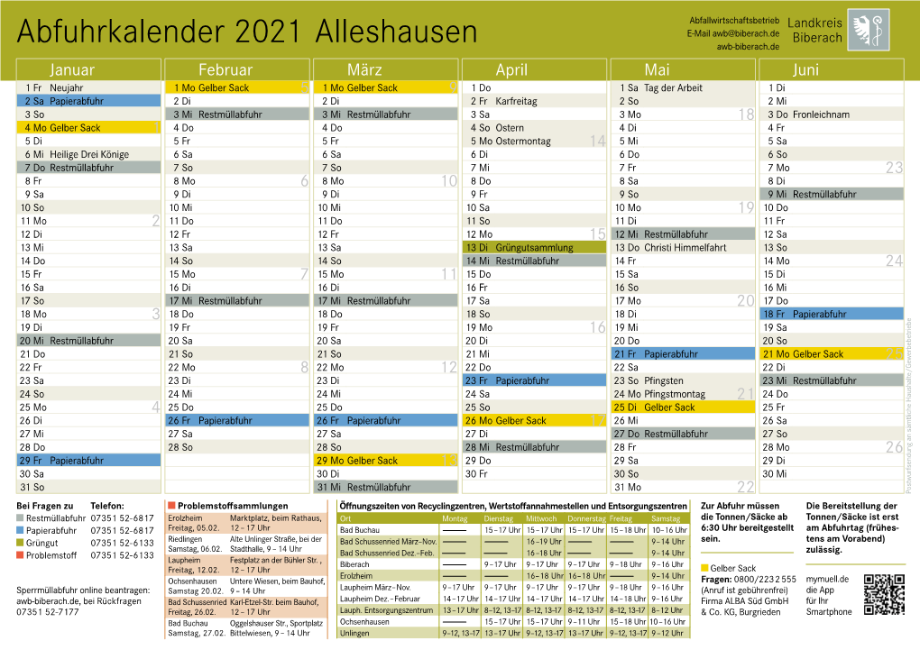 Abfuhrkalender 2021 Alleshausen