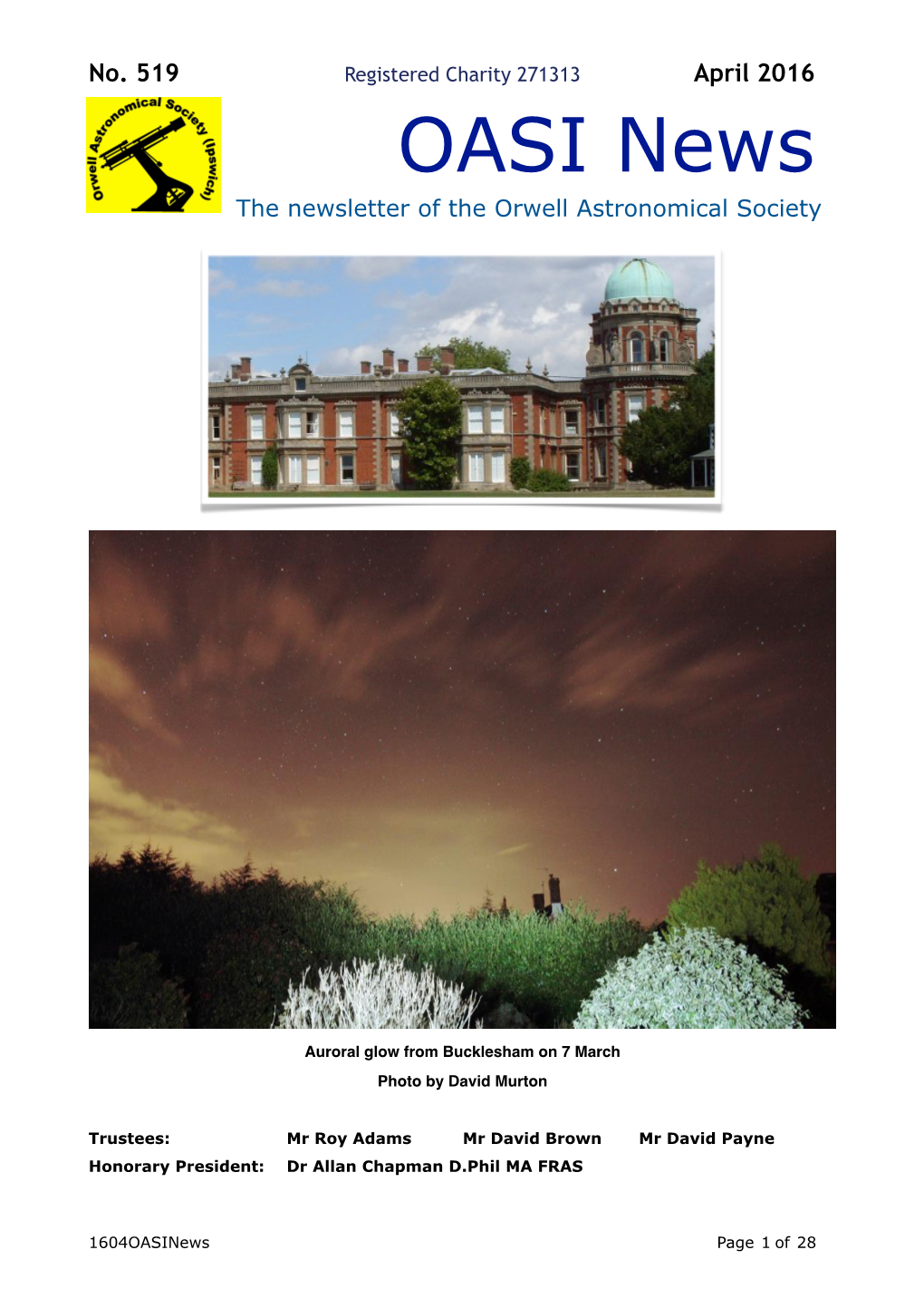519 Registered Charity 271313 April 2016 OASI News the Newsletter of the Orwell Astronomical Society