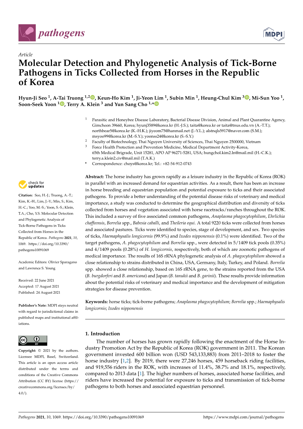 Molecular Detection and Phylogenetic Analysis of Tick-Borne Pathogens in Ticks Collected from Horses in the Republic of Korea