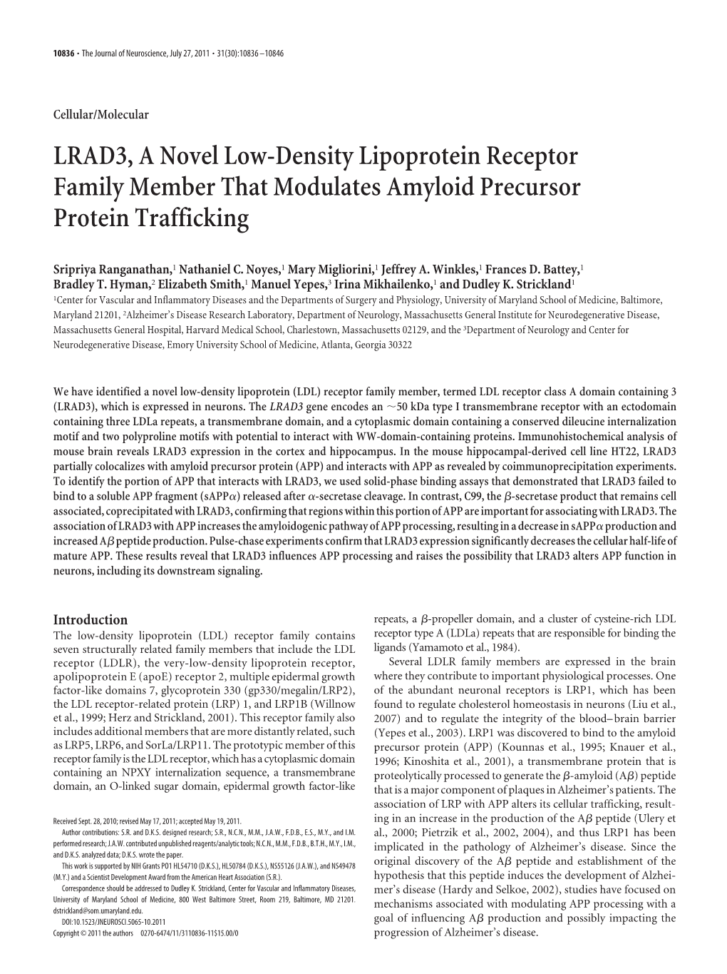 LRAD3, a Novel Low-Density Lipoprotein Receptor Family Member That Modulates Amyloid Precursor Protein Trafficking