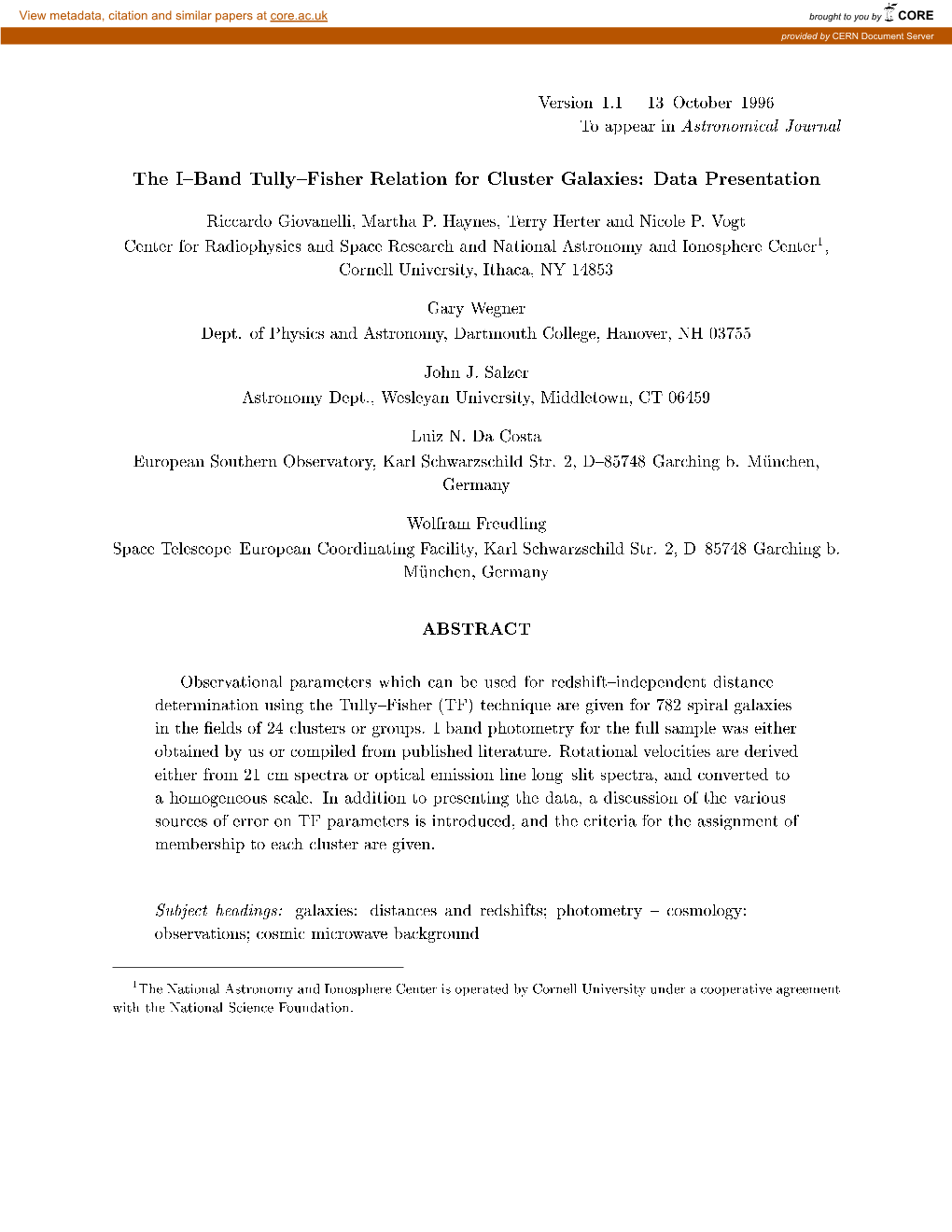 The I{Band Tully{Fisher Relation for Cluster Galaxies: Data Presentation