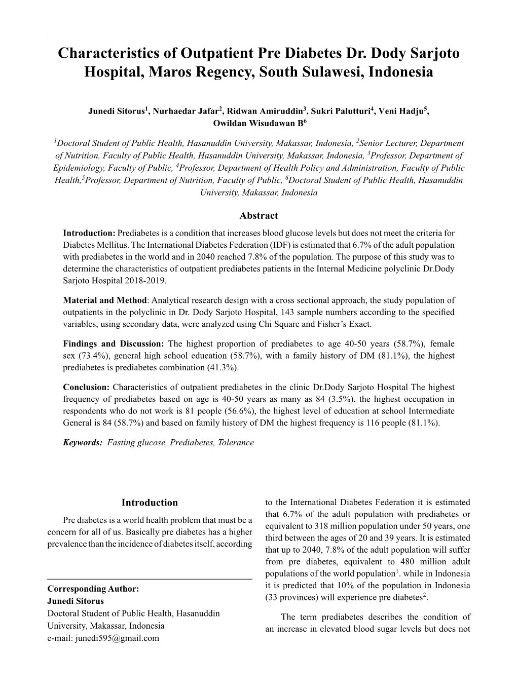 Characteristics of Outpatient Pre Diabetes Dr. Dody Sarjoto Hospital, Maros Regency, South Sulawesi, Indonesia