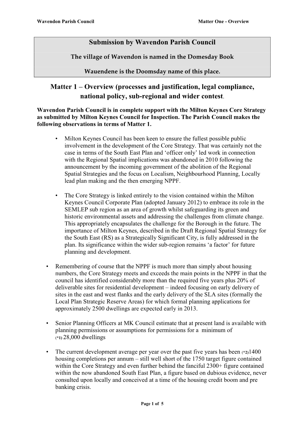 Wavendon Parish Council Matter One - Overview