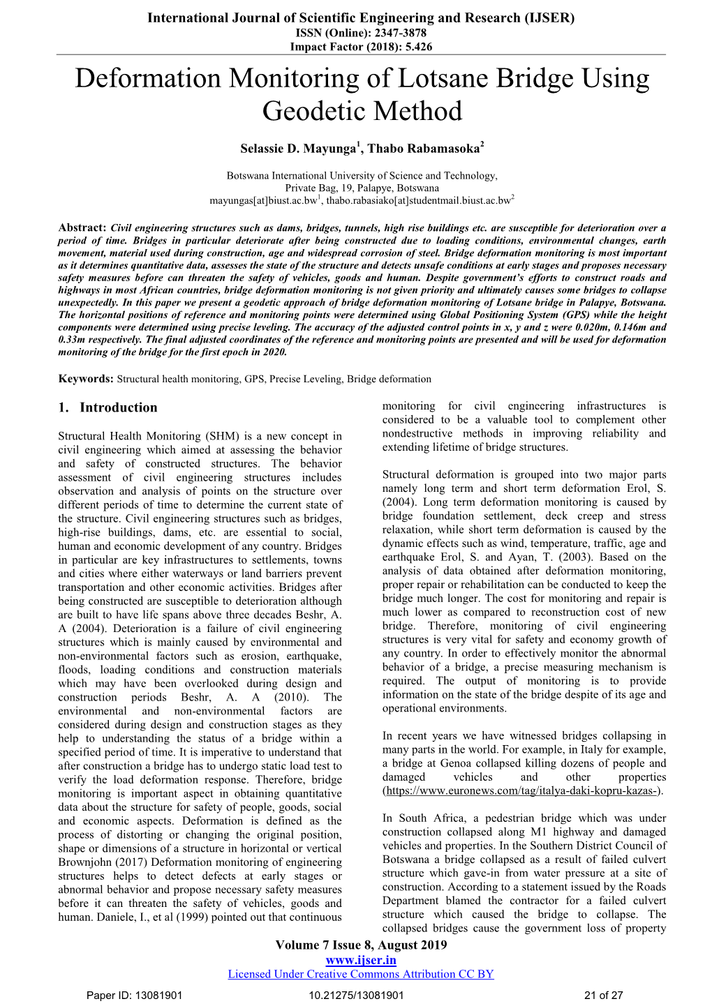 Deformation Monitoring of Lotsane Bridge Using Geodetic Method