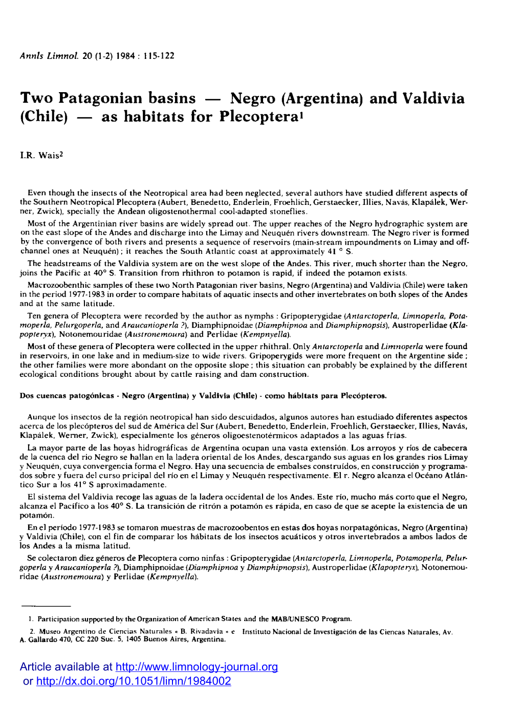 Two Patagonian Basins — Negro (Argentina) and Valdivia (Chile) — As Habitats for Plecoptera1