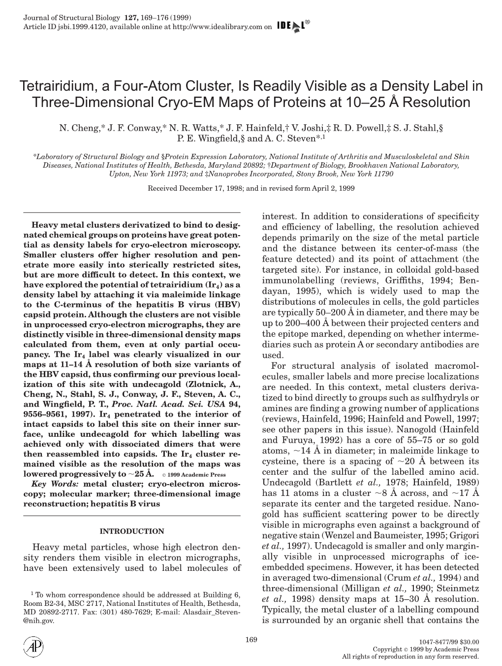 Tetrairidium, a Four-Atom Cluster, Is Readily Visible As a Density Label in Three-Dimensional Cryo-EM Maps of Proteins at 10–25 Å Resolution