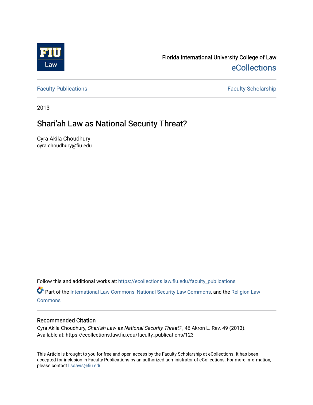 Shari'ah Law As National Security Threat?