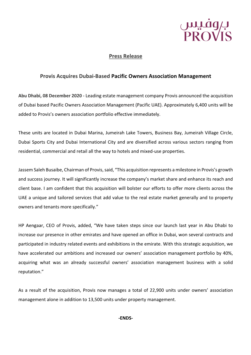 Press Release Provis Acquires Dubai-Based Pacific Owners