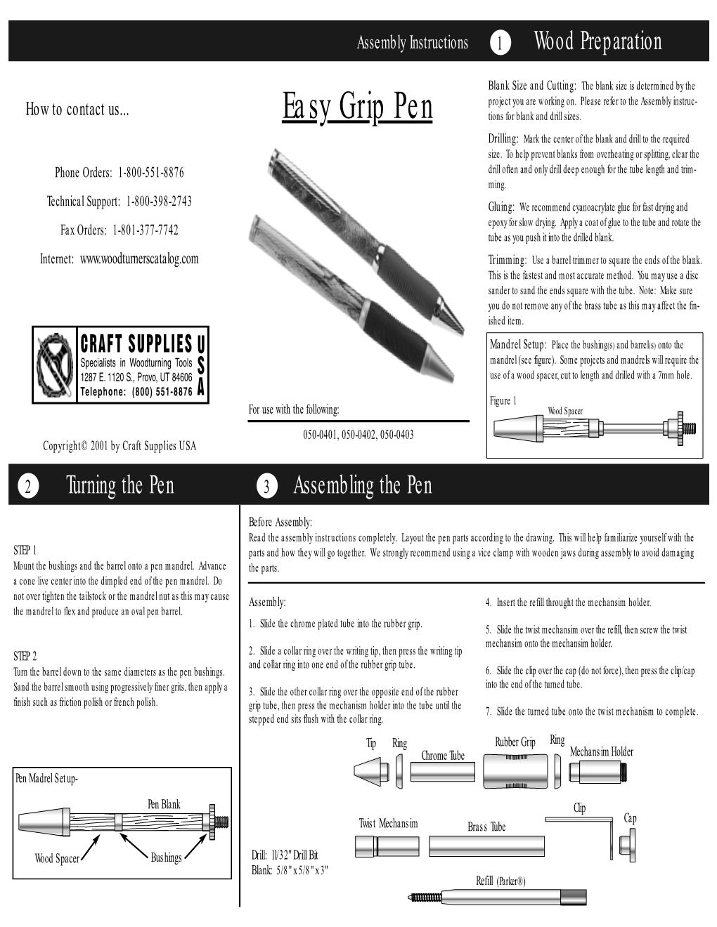 Easy Grip Pen Tions for Blank and Drill Sizes