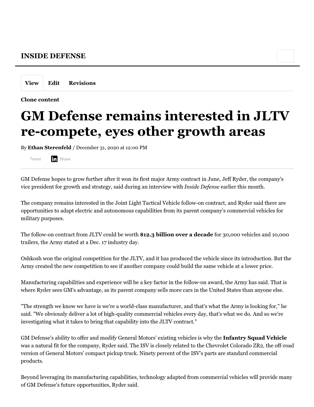 GM Defense Remains Interested in JLTV Re-Compete, Eyes Other Growth Areas