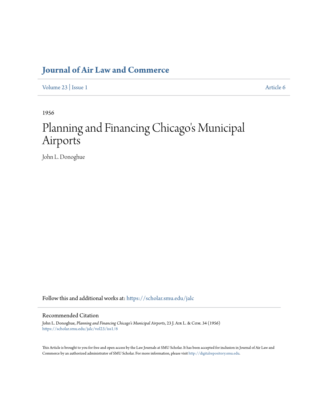 Planning and Financing Chicago's Municipal Airports John L