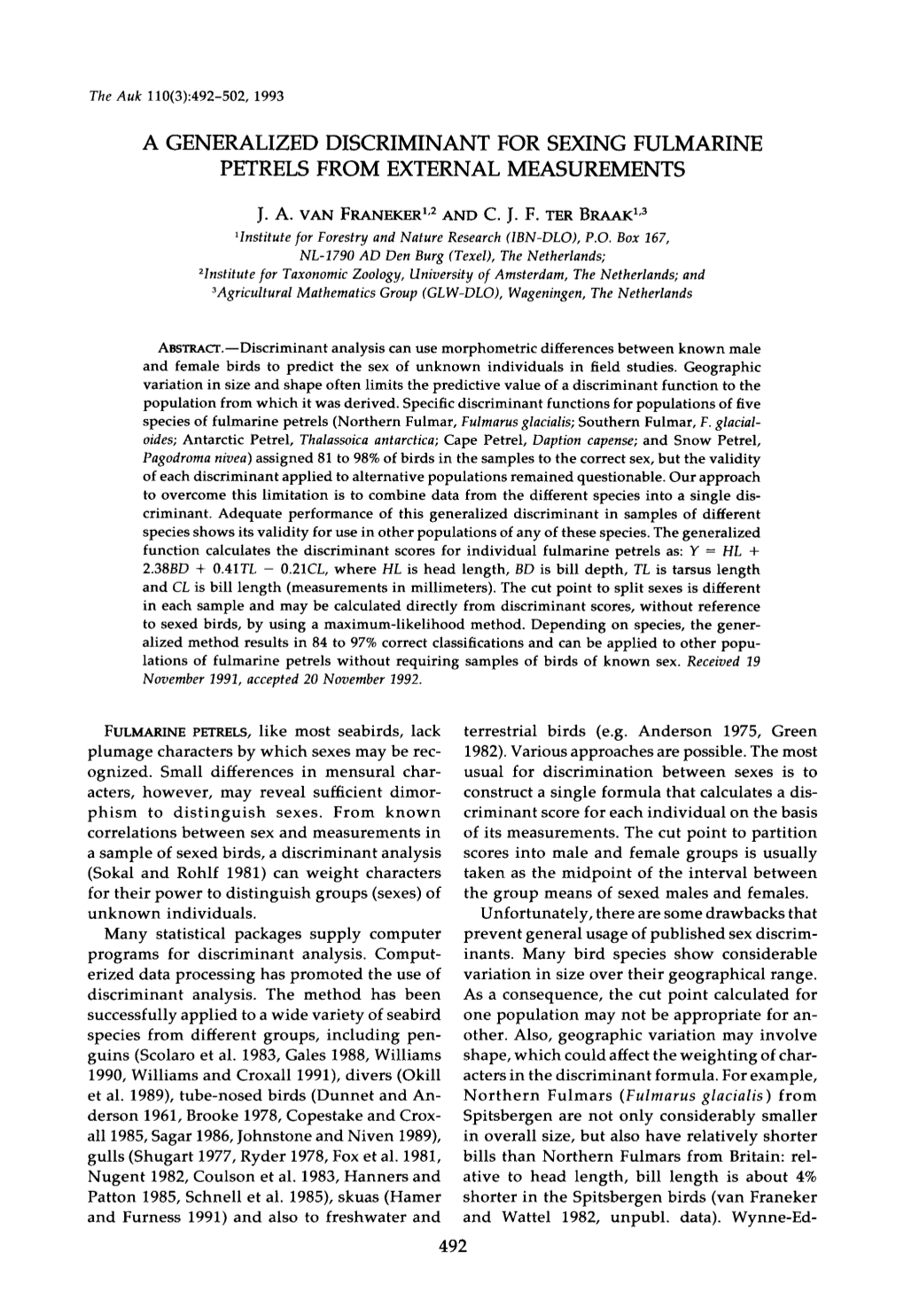 A Generalized Discriminant for Sexing Fulmarine Petrels from External Measurements