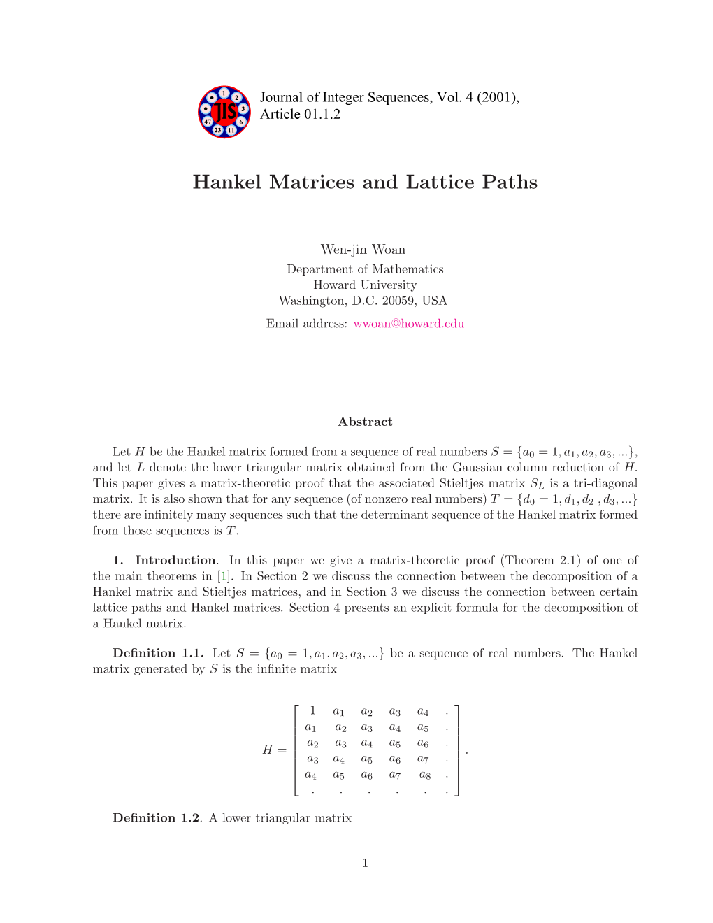 Hankel Matrices and Lattice Paths