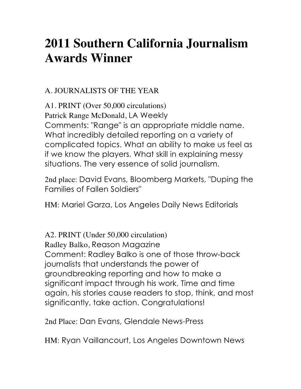 2011 Southern California Journalism Awards Winner