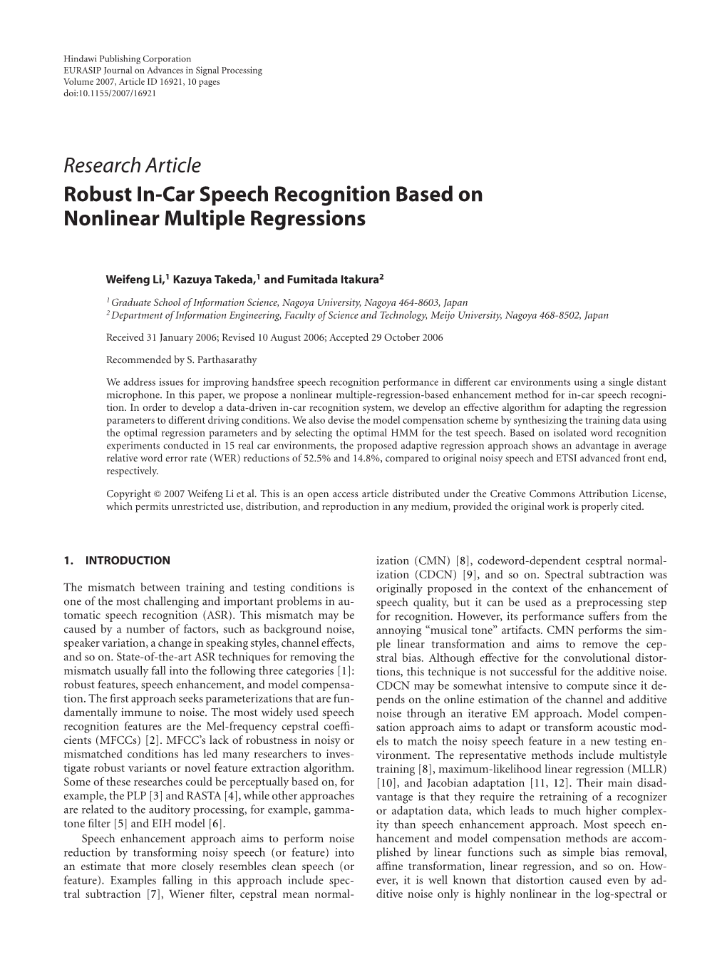 Robust In-Car Speech Recognition Based on Nonlinear Multiple Regressions