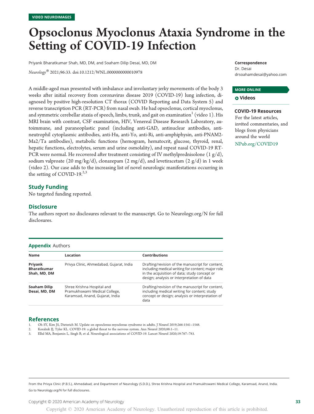 Opsoclonus Myoclonus Ataxia Syndrome in the Setting of COVID-19 Infection