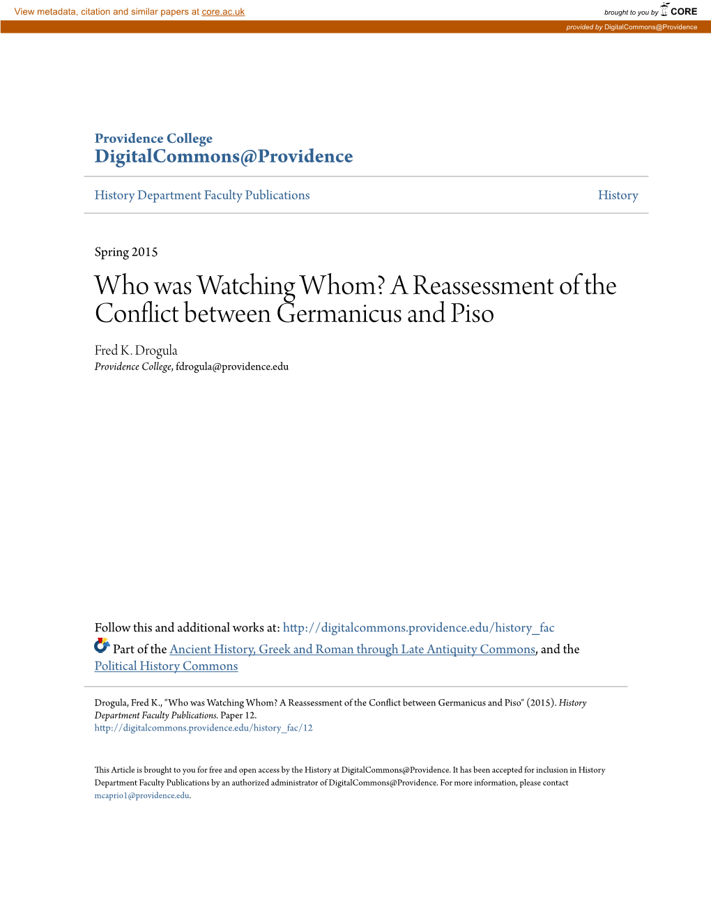 A Reassessment of the Conflict Between Germanicus and Piso Fred K