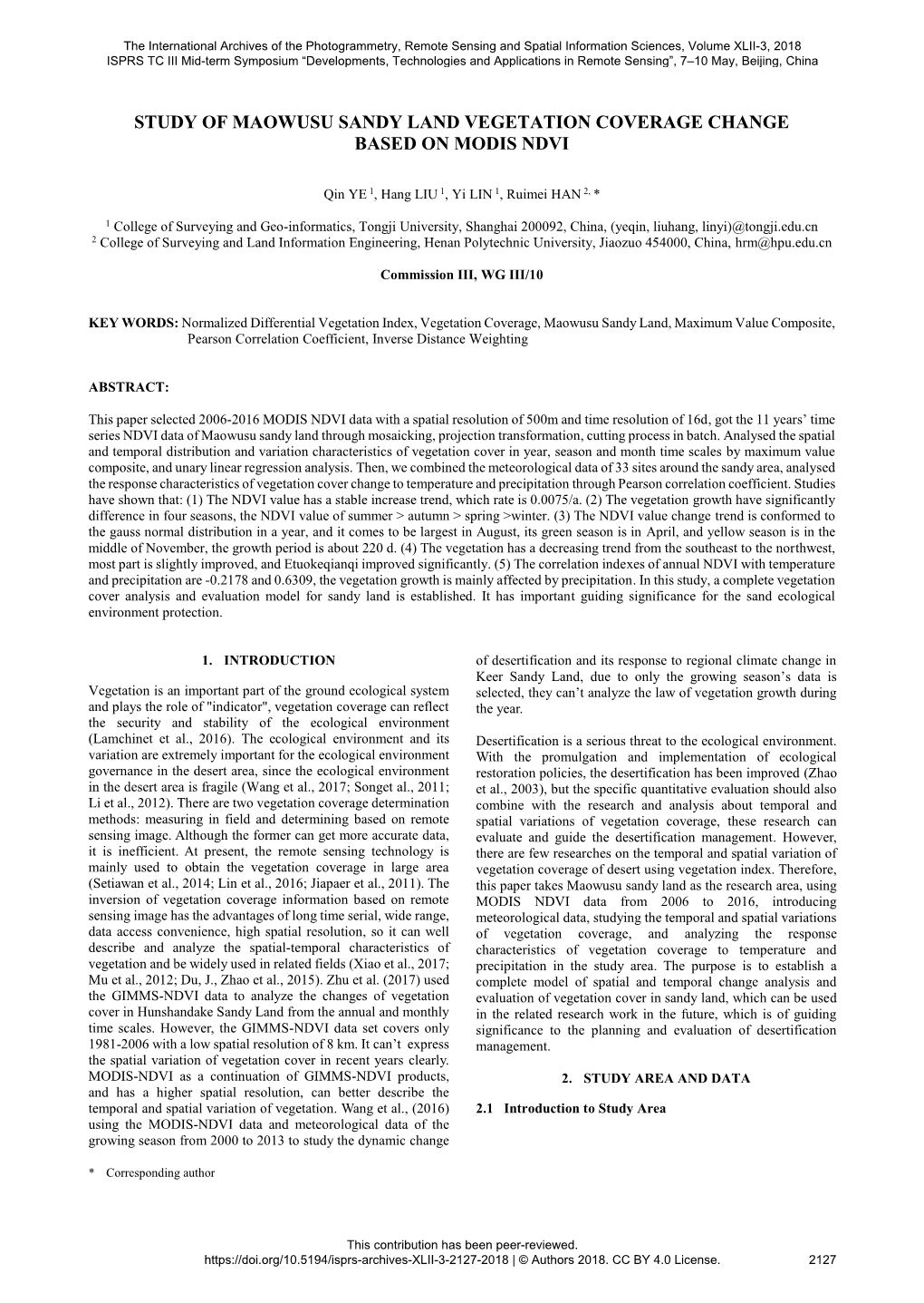 Study of Maowusu Sandy Land Vegetation Coverage Change Based on Modis Ndvi