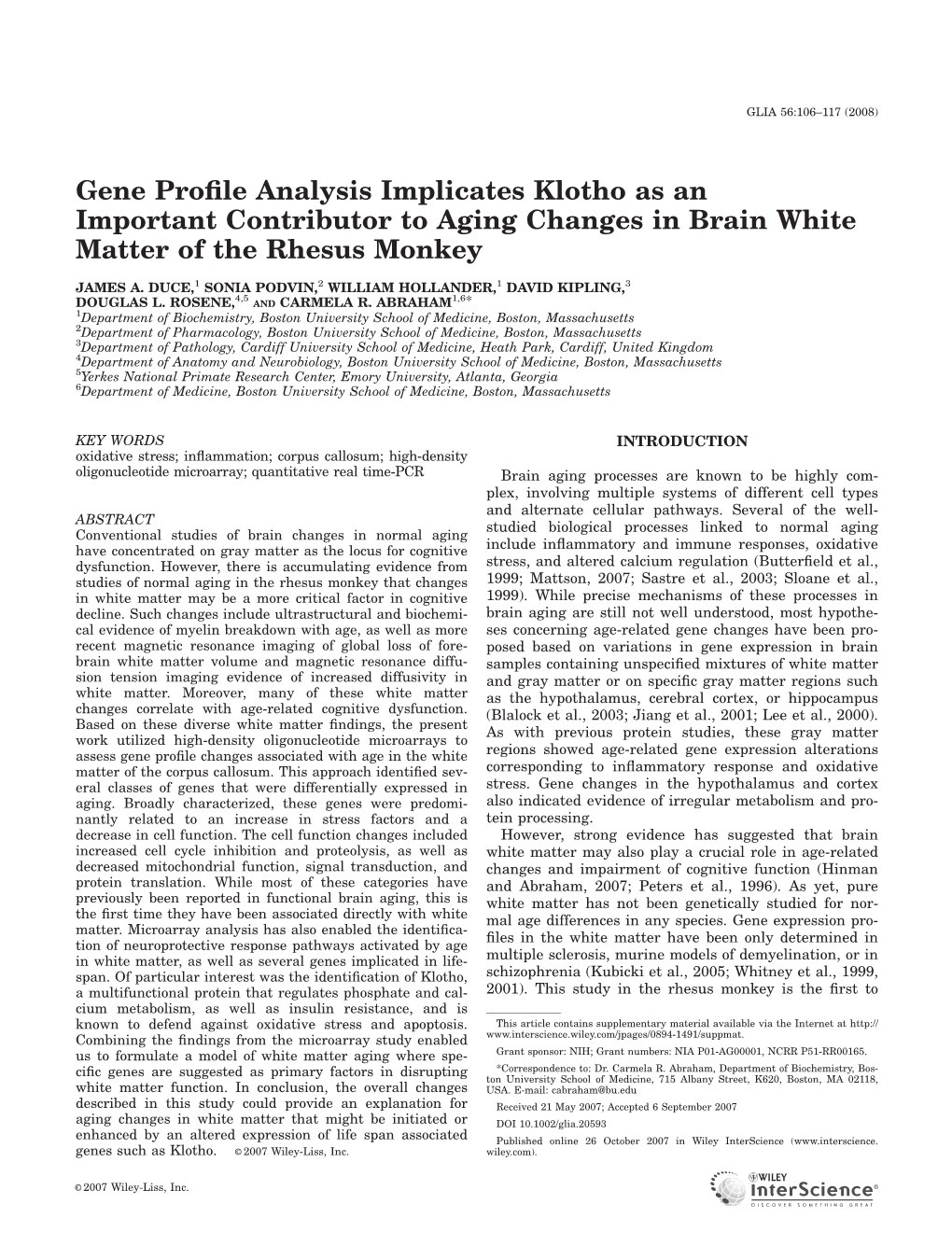 Gene Profile Analysis Implicates Klotho As an Important Contributor