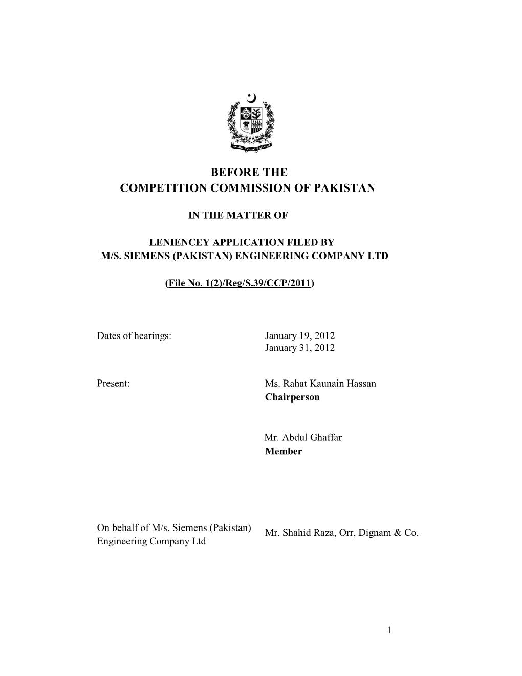 Before the Competition Commission of Pakistan